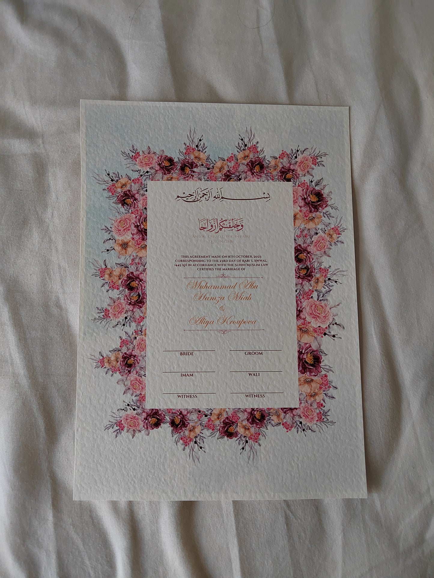 Pink Floral Nikah Certificate